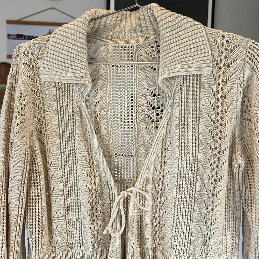 Women's Tie 3/4 Sleeve Knit Cardigan with Collar - Picture 2 of 8